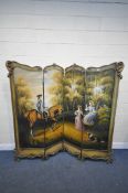 A 18TH CENTURY STYLE FRENCH HAND PAINTED FOUR PANEL SCREEN/ROOM DIVIDER, of a rider on a horse