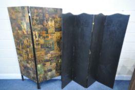 A BLACK LEATHERETTE FOUR PANEL SCREEN, overall width 160cm x height 168cm along with Decoupage two