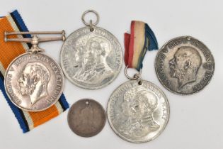 A MEDAL, COMMEMORATIVE MEDALS AND COINS, to include a WWI 1914-1918 medal unassigned with ribbon,