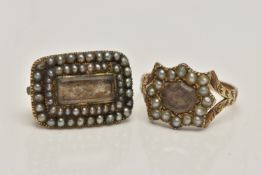 A VICTORIAN MOUNRING RING AND A BROOCH, the ring set with a weaved hair insert to the centre in a