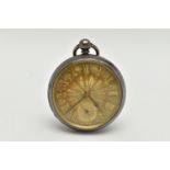 A SILVER CASED OPEN FACE POCKET WATCH, key wound movement, Roman numerals, subsidiary dial at the