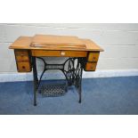 A VINTAGE SINGLE TREADLE SEWING MACHINE, serial number 13511447, width 93cm x depth 46cm x height