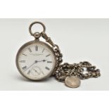 A SILVER OPEN FACE POCKET WATCH AND ALBERT CHAIN, key wound open face pocket watch, white dial