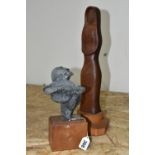 TWO SCULPTURES, comprising a cast abstract form on a square wooden plinth, total height 23cm,