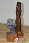 TWO SCULPTURES, comprising a cast abstract form on a square wooden plinth, total height 23cm,