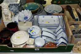 ONE BOX AND TWO TRAYS OF ORIENTAL CERAMICS AND SUNDRIES, to include a Leeds Ware Classical Creamware