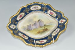 A ROYAL WORCESTER DIAMOND SHAPED DISH, painted by John Stinton with a titled scene of Oystermouth