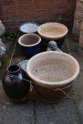 A SELECTION OF GARDEN PLANT POTS, to include a brown glazed plant pot, with bamboo decoration,