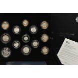 ROYAL MINT 2018 UNITED KINGDOM SILVER PROOF COIN SET, containing 13 coins from 2018 Five Pounds to