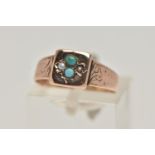 AN LATE 19TH CENTURY SEED PEARL AND TURQUOISE RING, a signet ring set with turquoise and seed