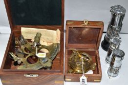 A CASED NAUTICALIA REPRODUCTION BRASS SEXTANT, A CASED REPRODUCTION OF A DESKTOP SUNDIAL AND THREE