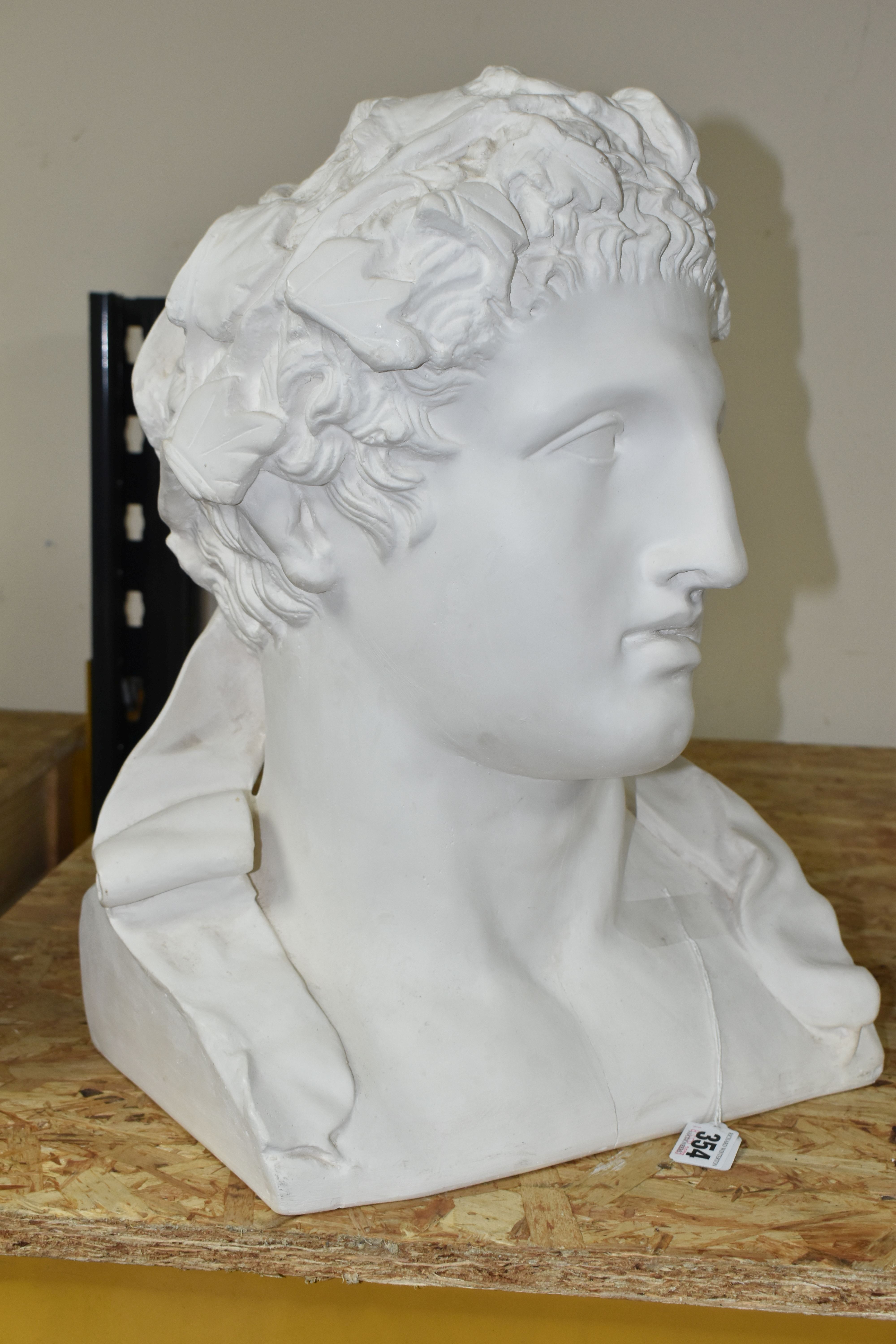 A LARGE NEO-CLASSICAL WHITE PLASTER BUST, possibly Octavian Augustus, impressed marks to base 'The - Image 2 of 4