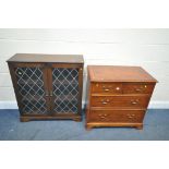 A YEWWOOD CHEST OF FOUR DRAWERS, width 79cm x depth 47cm x height 77cm, and an oak lead glazed