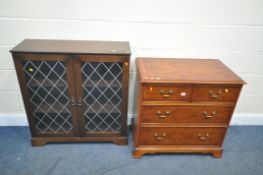 A YEWWOOD CHEST OF FOUR DRAWERS, width 79cm x depth 47cm x height 77cm, and an oak lead glazed