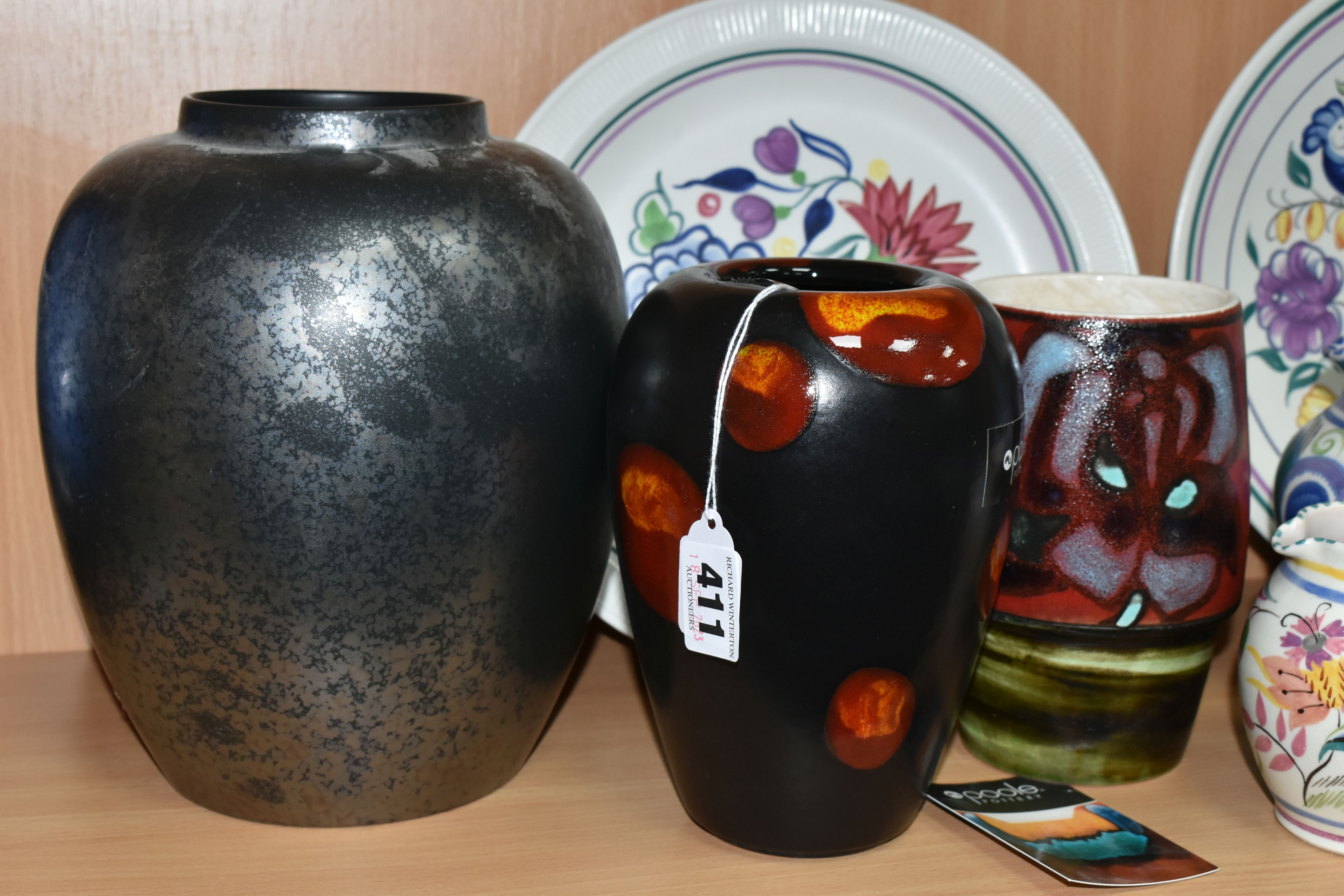 NINE PIECES OF POOLE POTTERY, comprising a Delphis vase, painted label to base '15th Ferro Matt' - - Image 4 of 5