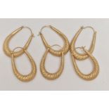 THREE PAIRS OF 9CT GOLD LARGE CREOLE HOOP STYLE EARRINGS, three matching pairs of earrings,