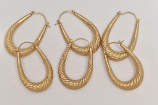 THREE PAIRS OF 9CT GOLD LARGE CREOLE HOOP STYLE EARRINGS, three matching pairs of earrings,