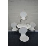 A MODERN WHITE CIRCULAR KITCHEN TABLE, diameter 90cm x height 76cm, and four Arne Jacobsen style