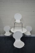 A MODERN WHITE CIRCULAR KITCHEN TABLE, diameter 90cm x height 76cm, and four Arne Jacobsen style