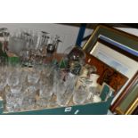 TWO BOXES OF GLASSWARE, to include four vintage medicine bottles, eleven champagne flutes, decanter,