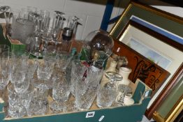 TWO BOXES OF GLASSWARE, to include four vintage medicine bottles, eleven champagne flutes, decanter,