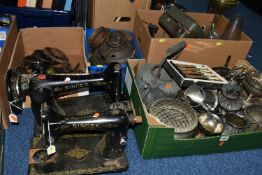 FOUR BOXES OF METALWARE AND TWO SINGER SEWING MACHINES IN NEED OF RESTORATION, the boxes include