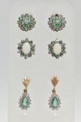 THREE PAIRS OF GEM SET EARRINGS, to include a pair of opal, diamond and emerald cluster stud