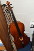 A THREE QUARTER CELLO, ebony fittings, length of body 69.5cm x width at widest point 40cm, length