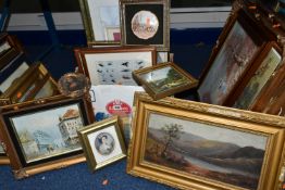 A QUANTITY OF PAINTINGS AND PRINTS ETC, to include a late 19th century oil on canvas river landscape