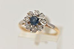 AN 18CT GOLD SAPPHIRE AND DIAMOND RING, principle set circular cut sapphire with a surround of eight