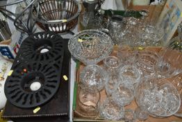 SIX BOXES OF CERAMICS, GLASSWARE AND METALWARE, to include a group of pewter jugs, cut glass