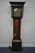 A GEORGIAN OAK 30 HOUR LONG CASE CLOCK, signed Joyce Ruthin, the box hood with cylindrical