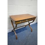 A REPRODUCTION CHERRYWOOD SIDE TABLE, with a single drawer, on a cross supports united by a turned