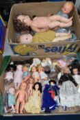 TWO BOXES OF VINTAGE PLASTIC DOLLS AND COSTUME DOLLS, including a Peggy Nisbet costume doll 'H.R.