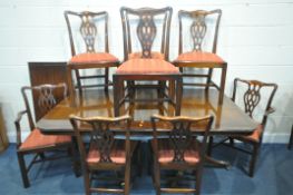 A RACKSTRAW MAHOGANY TWIN PEDESTAL DINING TABLE, with three additional leaves, extended length 321cm