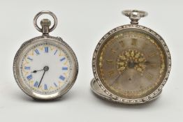 TWO LADYS WHITE METAL POCKET WATCHES, two open face pocket watches with floral detail, both