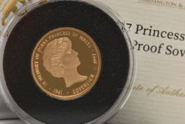 A PRINCESS DIANA BOXED GOLD PROOF SOVEREIGN COIN 2017 Tristan da Cunha, 22ct Gold, 8 grams, 22.