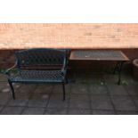 A GREEN PAINTED CAST ALUMINIUM WOODEN SLATTED GARDEN BENCH, length 122cm with scrolled arm rests and