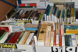 FOUR BOXES OF BOOKS containing approximately 100 miscellaneous titles in hardback and paperback