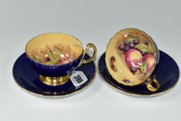 TWO AYNSLEY ORCHARD GOLD TEACUPS AND SAUCERS, each teacup having gently fluted bowl, cobalt blue