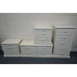 A CREAM BEDROOM SUITE, comprising a tall chest of five short drawers, width 64cm x depth 46cm x