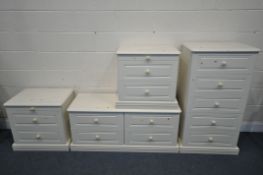 A CREAM BEDROOM SUITE, comprising a tall chest of five short drawers, width 64cm x depth 46cm x