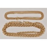 TWO 9CT GOLD CHAIN NECKLACES, a yellow gold belcher link chain, fitted with a spring clasp,