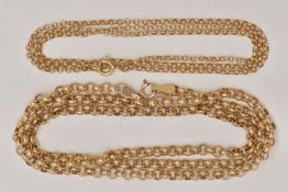 TWO 9CT GOLD CHAIN NECKLACES, a yellow gold belcher link chain, fitted with a spring clasp,
