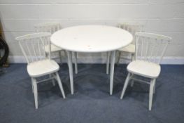 A MODERN WHITE DROP LEAF DINING TABLE, open diameter 106cm x closed width 70cm x height 77cm, and