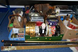 THREE BOXES OF MISCELLANEOUS SUNDRIES, to include three tobacco pipes, wicker shopping basket,