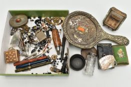 A BOX OF ASSORTED ITEMS, to include three fountain pens, each nib stamped 14k, a silver lidded glass