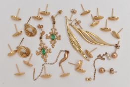 AN ASSORTMENT OF 9CT GOLD AND YELLOW METAL EARRINGS, to include a pair of 9ct gold and emerald