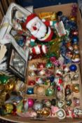 A BOX OF VINTAGE GLASS CHRISTMAS TREE BAUBLES AND OTHER DECORATIONS, including painted baubles,