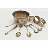 A SMALL PARCEL OF SILVER, to include a Victorian sugar bowl with frilled rim and stop reeded body,